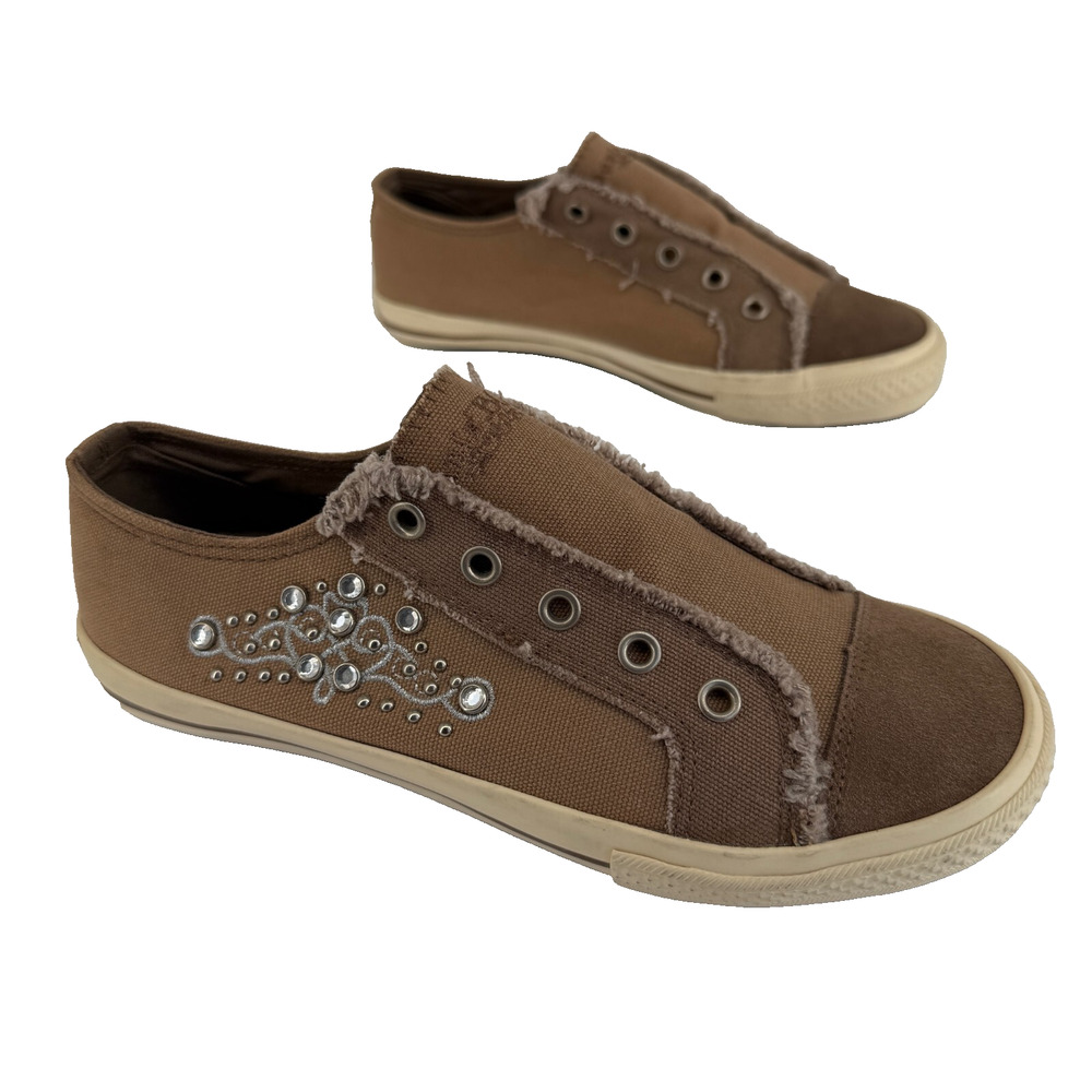 Y2K Vtg Paris Blues Womens Sneakers Brown Rhinestone Slip-On Bilng Casual Size 8